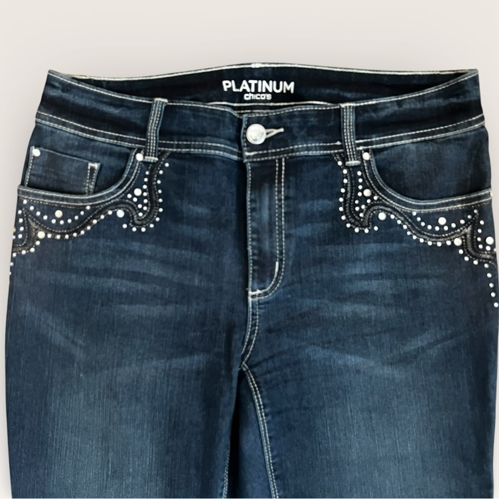 Chico's Platinum Dark Blue Flare Jeans with Stud & Sequin Detail C228